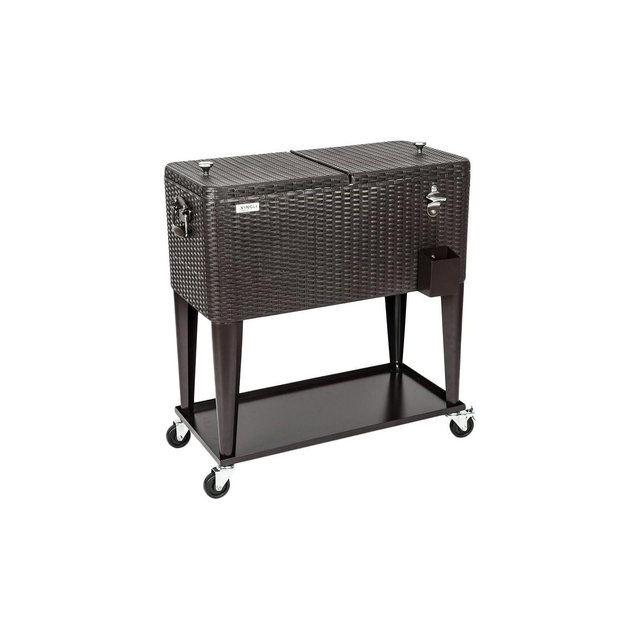 VINGLI 80 Quart Rolling Ice Chest on Wheels, Portable Patio Party Bar Drink Cooler Cart, Wicker PP Rattan with Shelf& Bottle Opener
