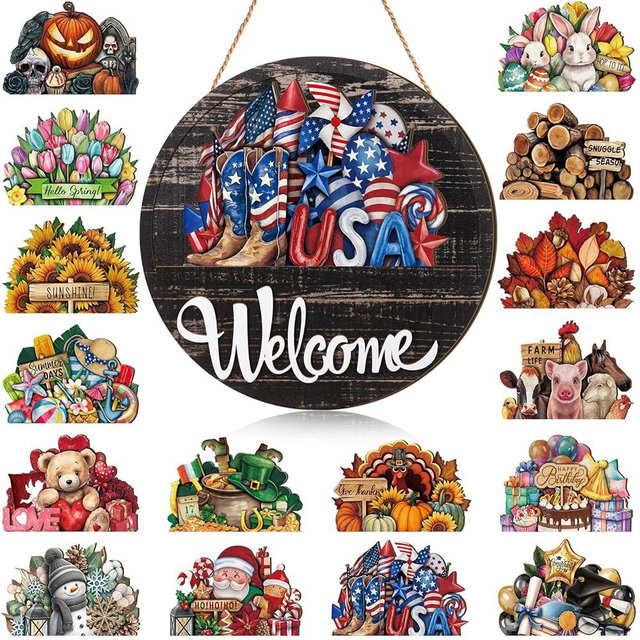 Yousoontic 17 Pcs 12 Inch Magnetic Welcome Door Sign Interchangeable Patriotic Front Door Decorations Summer Seasonal and Festive Signs for Women Gift Round Home Decor(Stylish Color,Modern Welcome)