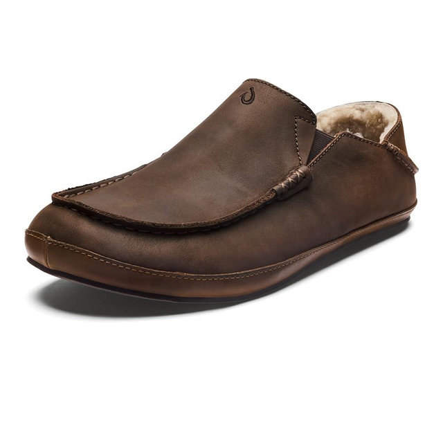 OluKai Moloa Slipper Men's Slippers, Premium Nubuck Leather Slip On Shoes, Shearling Lining & Gel Insert, Drop-In Heel