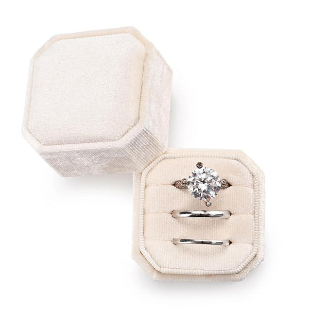 Woodten Velvet 3 Slots Jewelry Ring Box Octagon Engagement Wedding Ring Box Bridal Photo Triple Slots(Beige)