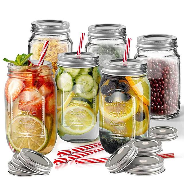 Regular Mouth Mason Jars Set of 6 Drinking Glasses Mugs 16oz Multifunctional Storage Jars with 3 Extra Lids 6 Reusable Straws