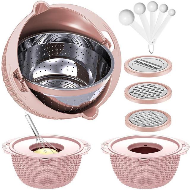 4-1 Colander with Bowl Set - Food Strainer with Graters & Spoons - Colanders for kitchen - Strainers and Colanders - Strainer Bowl Fruit Cleaner with Colander Pasta Rice Strainer for Veggie Wash Pink