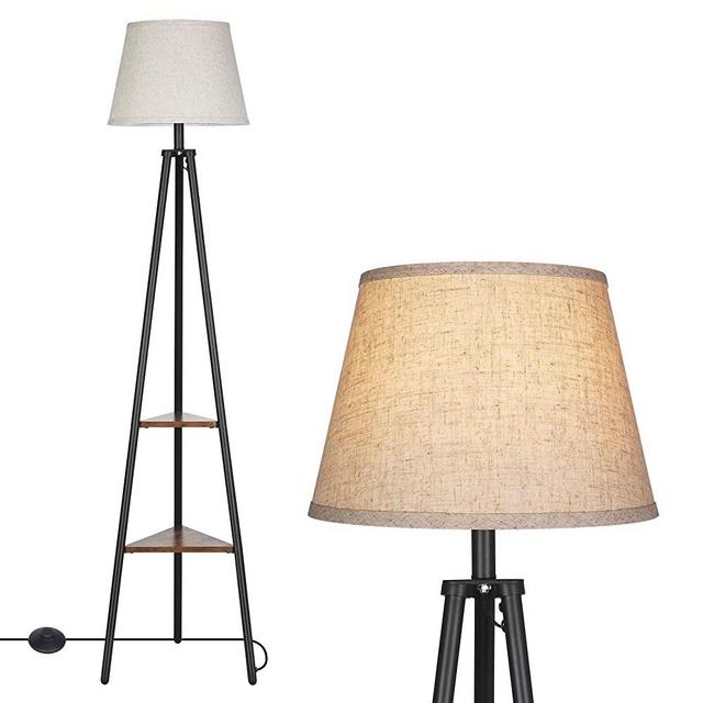 DEWENWILS Industrial Tripod Floor Lamp with Shelves, 2-Tier Display Shelf, Light Beige Linen Shade, Metal and Wood Construction, Standing Storage Lamp for Living Room, Bedroom, Office,65 inch