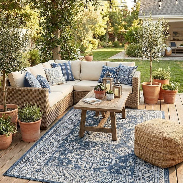 Rugs.com - Outdoor Aztec Rug – 5' 3 x 8' Blue Indoor/Outdoor Rug – Weather-Resistant Flatweave for Patio, Deck, and Porch