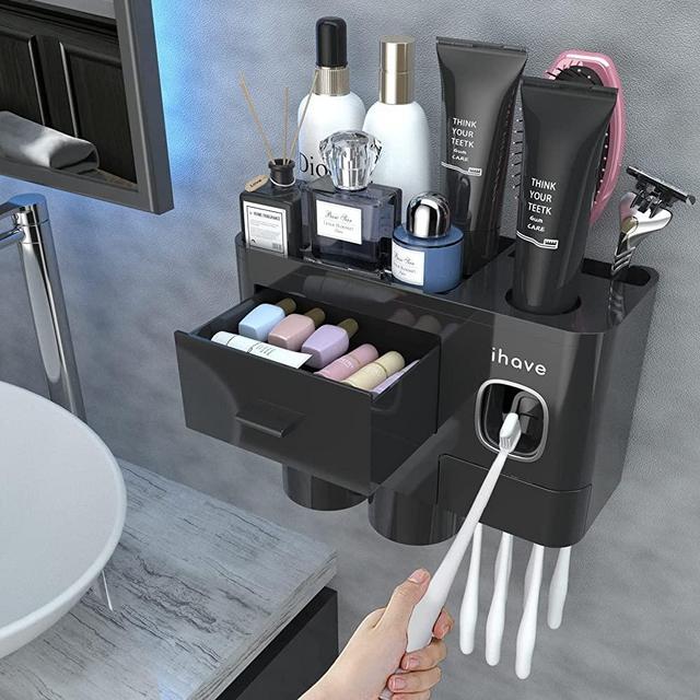 iHave Toothbrush Holders for Bathrooms, 2 Cups Toothbrush Holder Wall Mounted with Toothpaste Dispenser Bathroom Accessories, Large Capacity Bathroom Storage, Tooth Brushing Holder Bathroom Decor