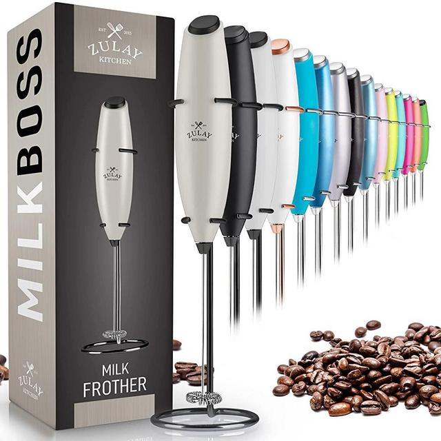 Zulay Original Milk Frother Handheld Foam Maker for Lattes - Whisk Drink Mixer for Coffee, Mini Foamer for Cappuccino, Frappe, Matcha, Hot Chocolate by Milk Boss (Exec Gray with Black Stand)