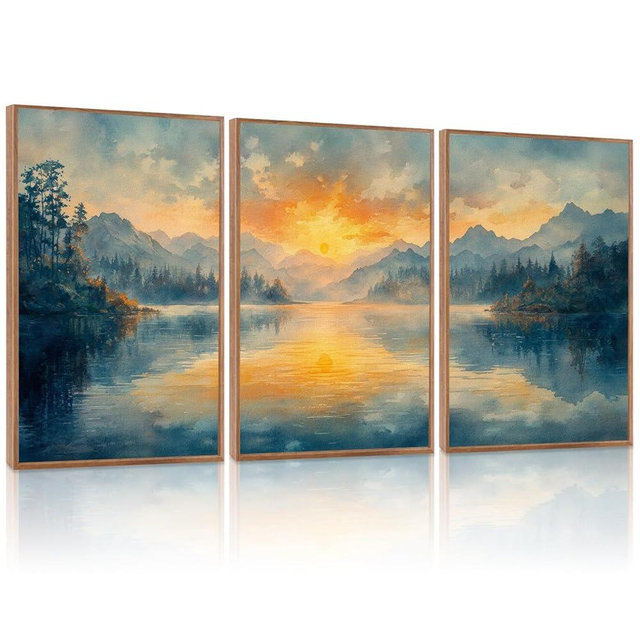 KAlRNE Landscape Wall Art Set of 3(24”X36”),Abstract Nature Wall Decor,Blue Forests Lake Canvas Paintings,Framed Watercolor Sunset Mountains Prints For Living Room Bedroom Office Decoration