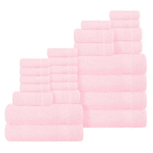 Belizzi Home 100% Cotton Towel Set, Contains 6 Soft Bath Towel, 6 Hand Towels, 12 Wash Cloths - Compact Absorbent Lightweight & Quickdry Towels for Bathroom - 24 Piece Bathroom Towel Set - Pink