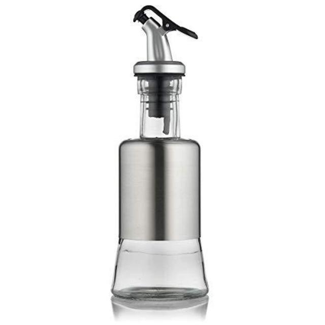 FARI Stainless Steel Olive Oil Dispenser Bottle, 7oz Glass Cooking Oil & Vinegar Cruet for Kitchen and BBQ