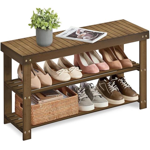 SONGMICS Shoe Rack Bench, 3-Tier Bamboo Shoe Storage Organizer, Entryway Bench, Holds Up to 286 lb, 11.3 x 35.4 x 17.8 Inches, for Entryway Bathroom Bedroom, Yellow Brown ULBS090K01