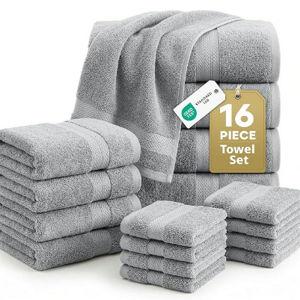 LANE LINEN 100% Cotton Turkish Towel Set for Bathroom - 16 Piece - Super Soft, Quick Dry & Highly Absorbent - 4 Bath, 8 Wash cloths, 4 Hand Towels - Hotel Quality, Durable & OEKO-TEX Certified - Grey