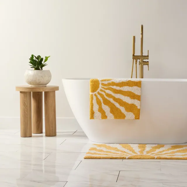 Floral and Geo Patterns Cotton Bath Mat, Tufted Bath Rug, Absorbent Non Slip Bathroom Rug, Washable - Becky Cameron, Sunrise Yellow, 34" x 21"