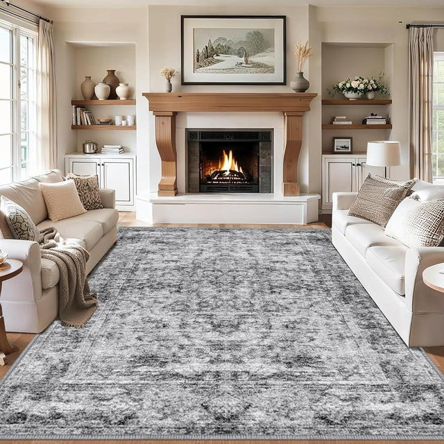 BAHIWOM 6x9 Washable Non-Slip Area Rug - Boho Vintage Faux Wool Carpet, Low Pile Indoor Floor Mat for Dining Room Living Room Reading Nook, Gray Green