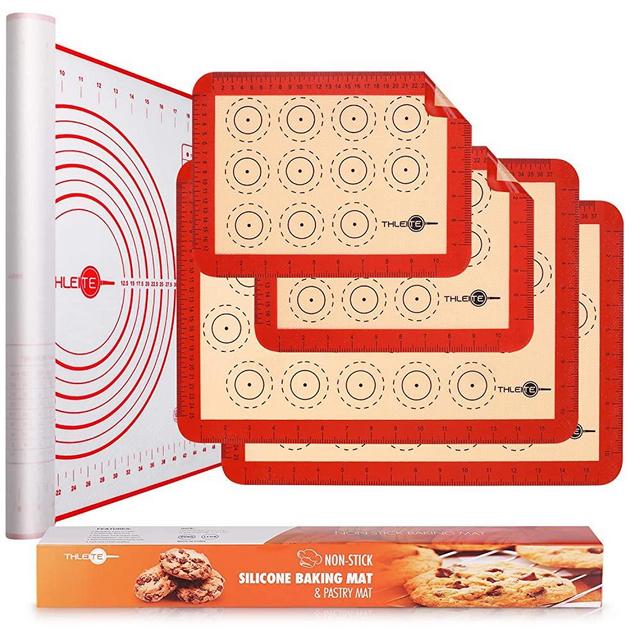 THLEITE Non Stick Silicone Pastry Mat & Macaron Baking Mat Bundle with Measurement (5-Piece Set), 2 Half Sheets Baking Mat and 2 Quarter Sheets Baking Mat, 1 Pastry Mat - Dough Rolling, Pie Crust