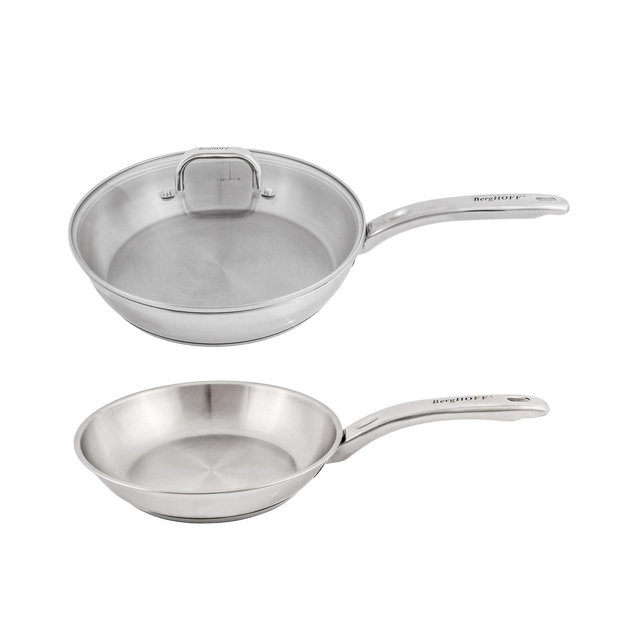 BergHOFF Belly Shape 3pc 18/10 Stainless Steel Fry Pan & Skillet Cookware Set with Glass Lid