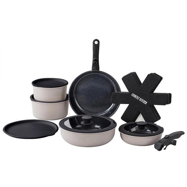 Country Kitchen 16 Piece Pots and Pans Set - Safe Nonstick Kitchen Cookware with Soft Touch Removable Handle, RV Cookware Set, Oven Safe (Grey/Black)