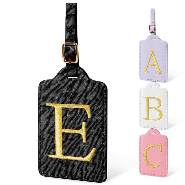 Initial Luggage Tags for Suitcases, Cute Embroidered Letter Luggage Bag Suitcase Identifier Name Baggage Tag, PU Leather Travel Luggage Tags, Bag Tags for Men Women Kids Luggage Handbags(Black E)