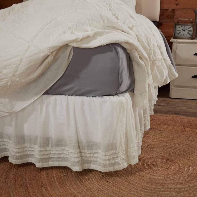 Kathryn Queen Ruffled Bed Skirt w/ a 16" Drop, Soft White Linen-Look Textured Fabric, Gathered Vintage Farmhouse, Country Cottage Bedding