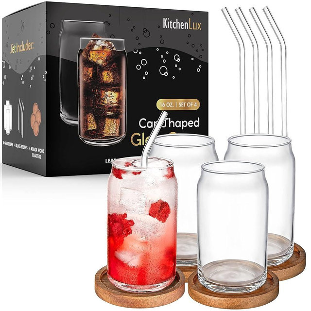 16 oz Can Shaped Glass Cups, Set of 4, Aesthetic Soda Can Cup Clear Glass Tumbler Beer Glasses, Tall Cocktail Drinkware Cute Cups, Cool Drinking Glasses for Kitchen, Modern Glassware
