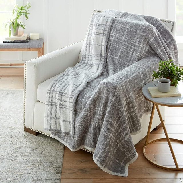 Crafted by Catherine Quinn Plaid Cozy Knit Throw Blanket 60" x 70" Inches, Soft Comfy Decorative Throw for Couch Bed Sofa Travel, Grey