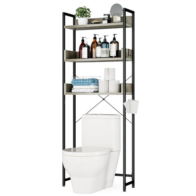 OTK Over-The-Toilet Storage, 3 Tier Bathroom Organizer Shelf, Freestanding Space Saver with Toilet Paper Holder, Multifunctional Over The Toilet Rack, White Oak