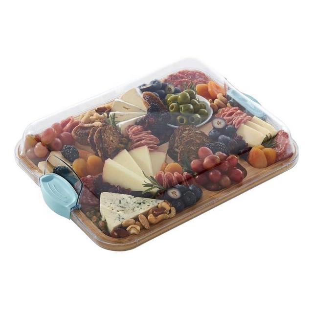 Farberware Build-A-Board Bamboo Cutting Board with Built-in Compartments and Clear Locking Lid with Blue Handles, Perfect for Charcuterie, Snacks, and More - Make it. Take it. Enjoy it, 11x14 Inches