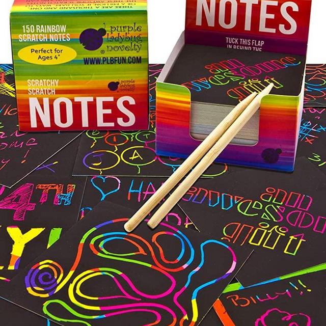 Purple Ladybug Rainbow Scratch Off Mini Art Notes 2 Wooden Stylus Set: 150 Sheets of Rainbow Scratch Paper for Kids Arts and Crafts, Airplane or Car Travel Toys - Fun Gift for Girls, Women or Anyone