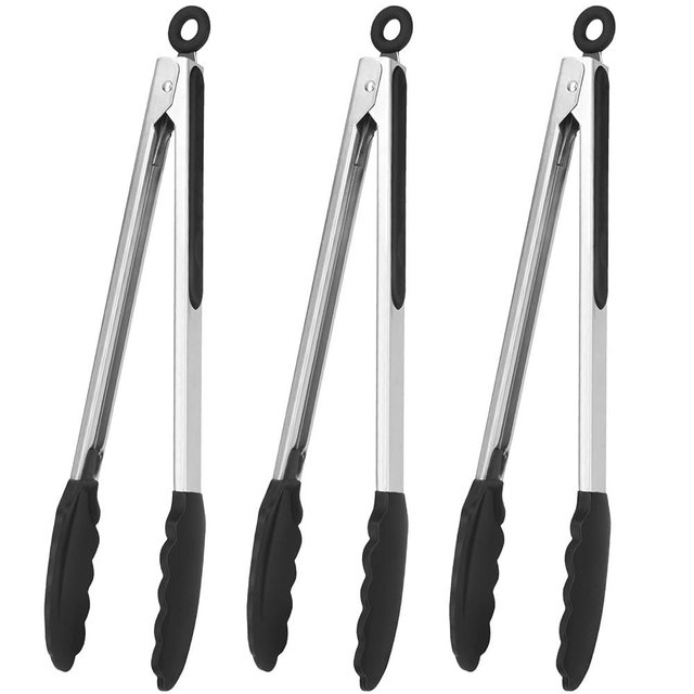 Serving Tongs Kitchen Tongs - Heat Resistant, Premium Stainless Steel Locking Cooking Tongs with Silicone Tips, Non-Slip Food Tongs for Cooking, Heavy Duty, Non-Stick (12 Inch(3 Pack))