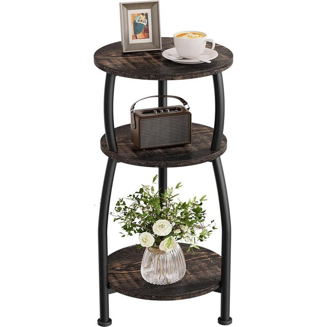 Yuede Small Round Side Table, 3-Tier End Table with Storage Shelf, Slim Sofa Table Coffee Table, Sturdy & Easy Assemble Nightstand for Small Spaces, Living Room Bedroom Corner, Oak Dark