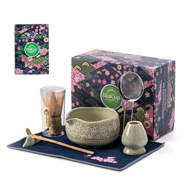 Buucup Matcha Whisk Set, Ceramic Matcha Set Includes Matcha Bowl, Matcha Whisk and Holder, Bamboo Scoop, Scoop Rest, Sifter and Tea Towel - 7 Pcs Matcha Kit for Matcha Lovers (Mottled Green)