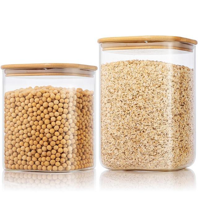 Extra Large Square Glass Flour & Sugar Storage Containers with Airtight Lids, 132 floz & 63 floz - 2 Pack Glass Jars with Bamboo Lids, Air tight Food Storage Containers for Cereal, Pasta, Rice