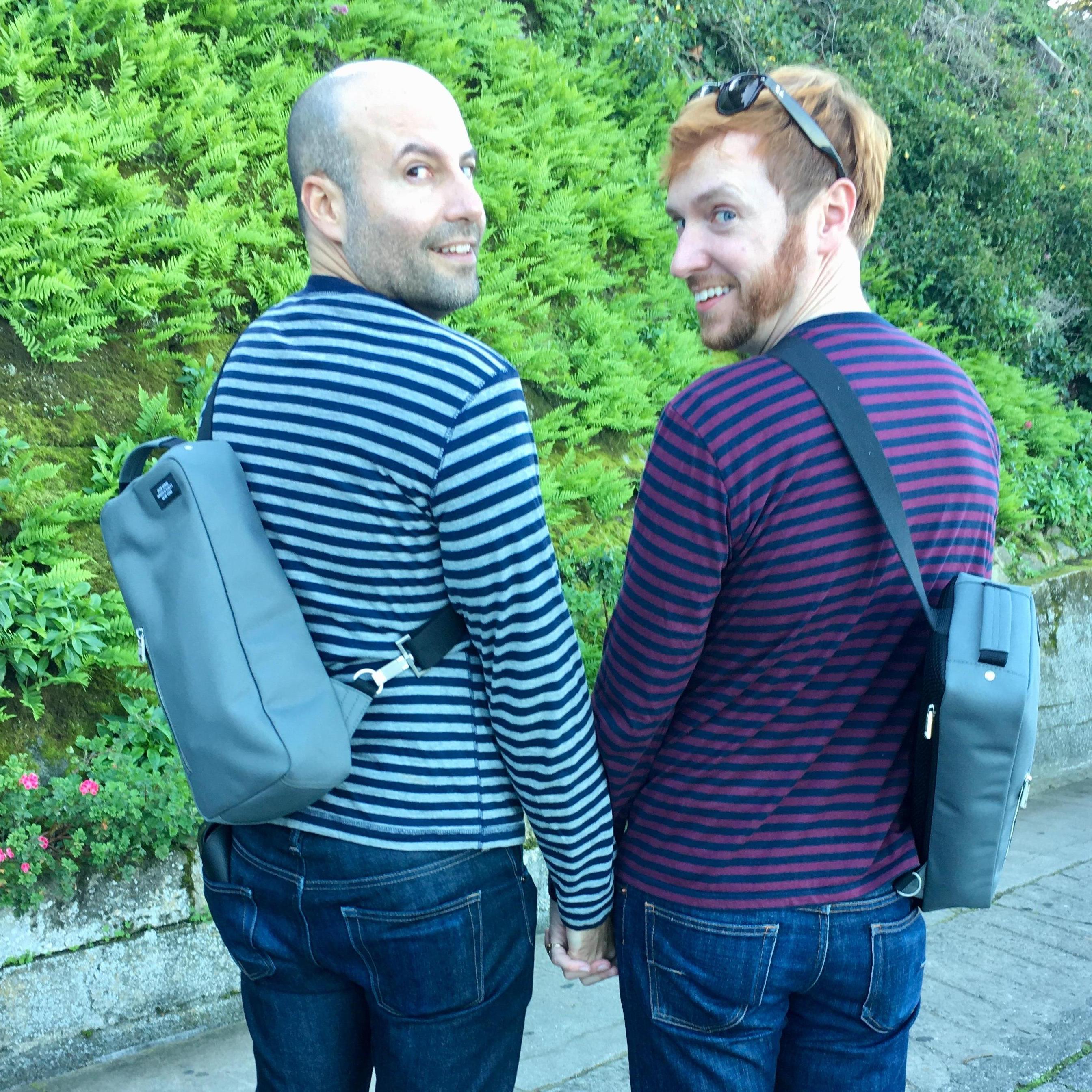 We just ended up both wearing stripes that day, but it was Jeremy's idea to buy us matching shoulder bags. Gross, huh?