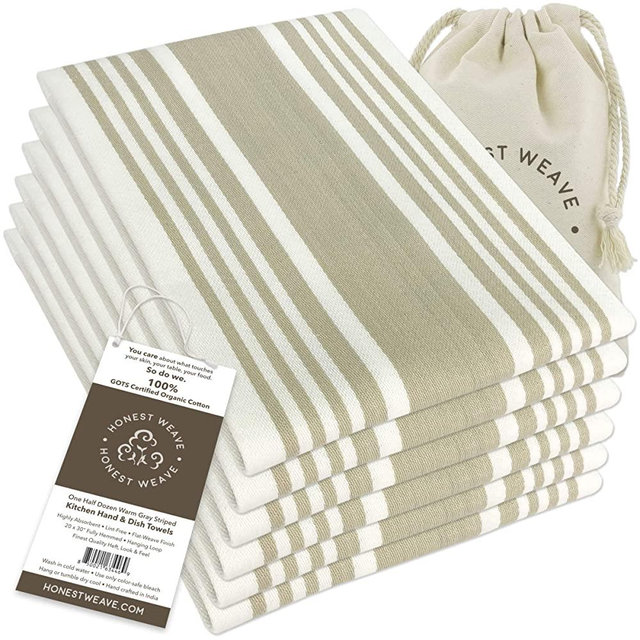 HONEST WEAVE GOTS Certified Organic Cotton Kitchen Hand and Dish Towel Sets - Oversized 20x30 inches, Fully Hemmed, in Designer Colors, 6-Pack, Warm Gray/Taupe Stripe
