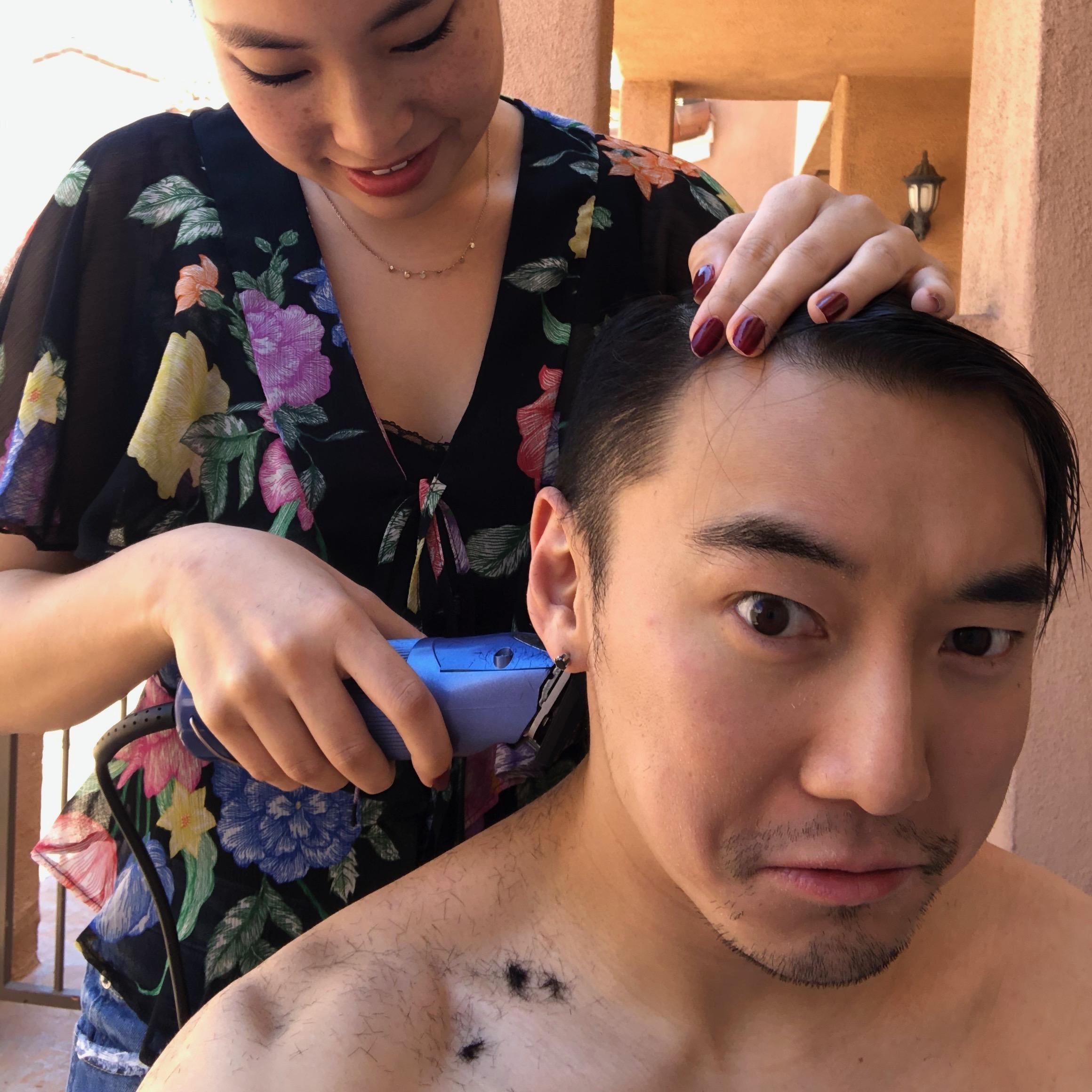 The first DIY haircut during COVID—proof that love conquers all, even bad haircuts!