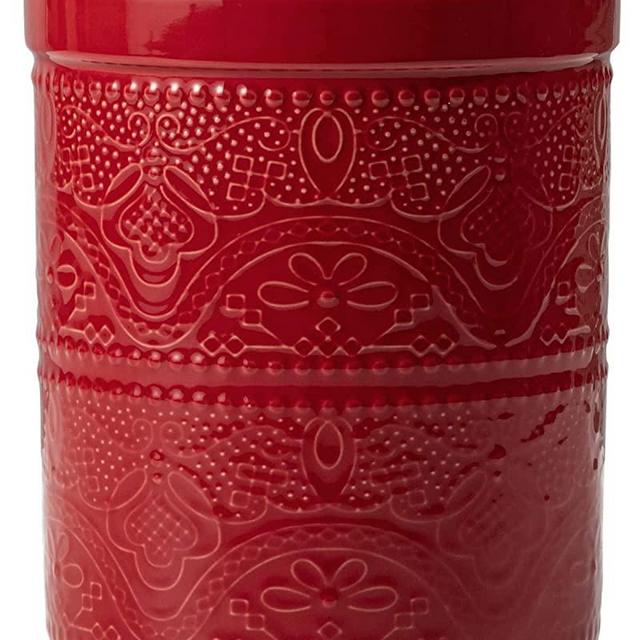 FUN ELEMENTS Kitchen Utensil Holder, 7.2" Super Large Utensil Crock Heavy and Stable Lace Emboss Ceramic Utensil Holder for Kitchen Counter (Christmas Red)