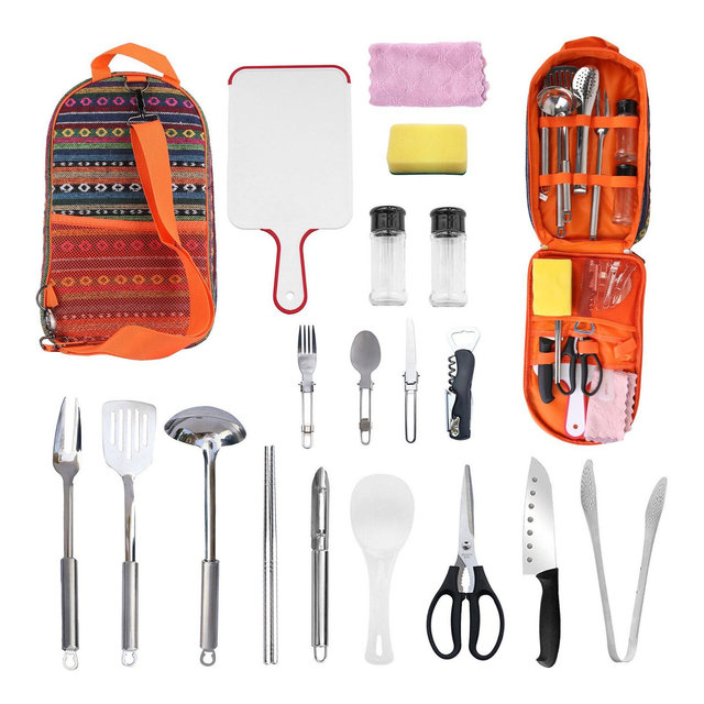 LakeForest"19-Piece Camping Cooking Utensil Kit with Portable Cookware, BBQ Tools & Storage Bag for Outdoors"Orange