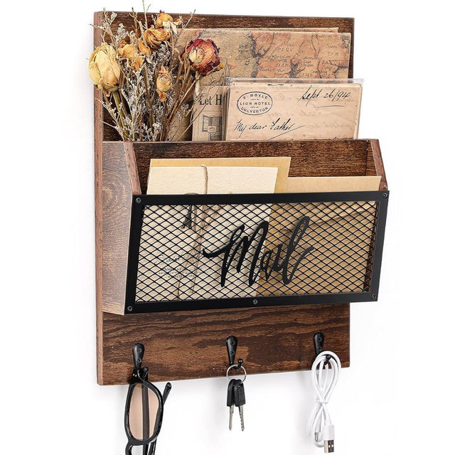 Yalikop Farmhouse Mail Organizer Wall Mounted Rustic Mail Holder Hanging Key Sorter with 3 Hooks Indoor Wooden Wall Mounted, Letter, Magazines, Newspapers, Keys(Brown)