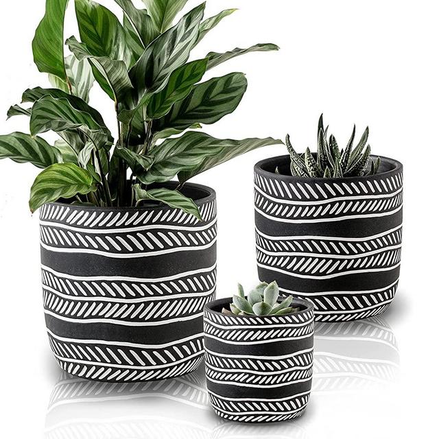 Terracotta Flowerpot Set of 3 Clay Plant Pot Modern Indoor Nursery Pot 5.2/4.6/3.2 Inch in Black Outdoor Cactus Succulent Potted Plants with Drainage Hole