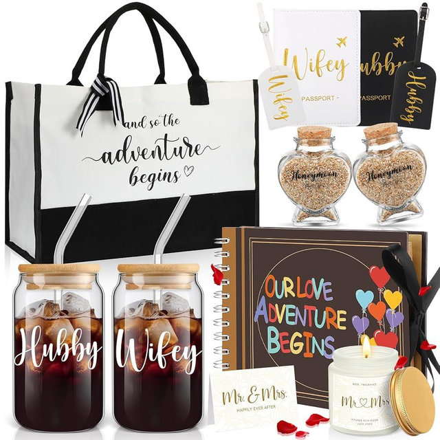 Singhoow 12 Pcs Wedding Honeymoon Gifts for Couple Mr Mrs Bridal Shower Engagement Gifts with Glass Adventure Book Scrapbook Passport Holder Baggage Tags Jar Tote Bag