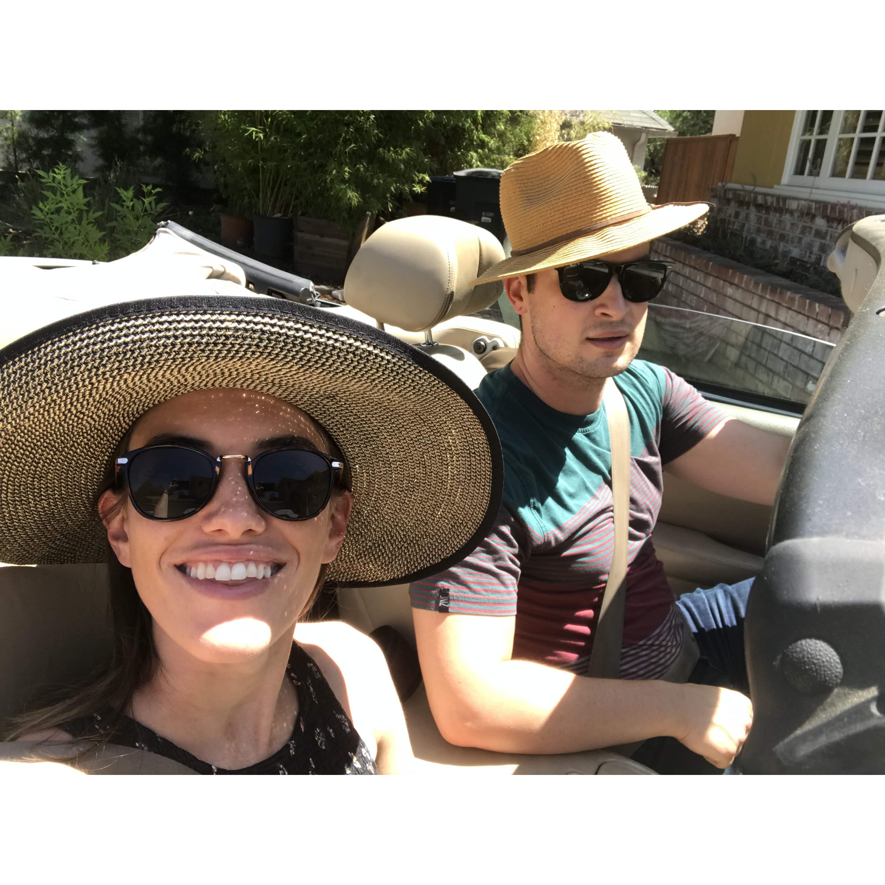 Feeling very "LA" when Uncle Tom and Aunt Ashana lent us their Jaguar convertible to sightsee