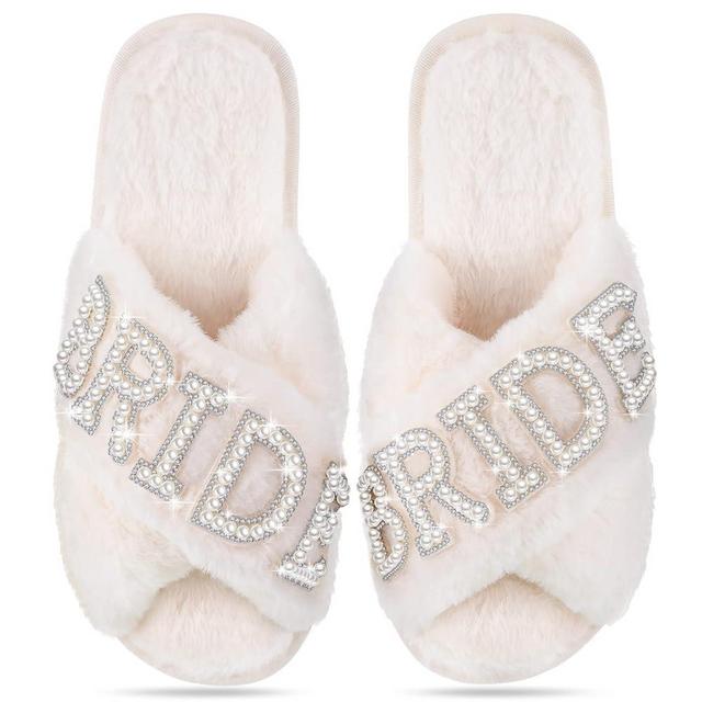 Jiuguva Bride Slippers for Wedding White Soft Womens Bridal Slippers Open Toe Slippers for Bridal and Bachelorette Party Gift