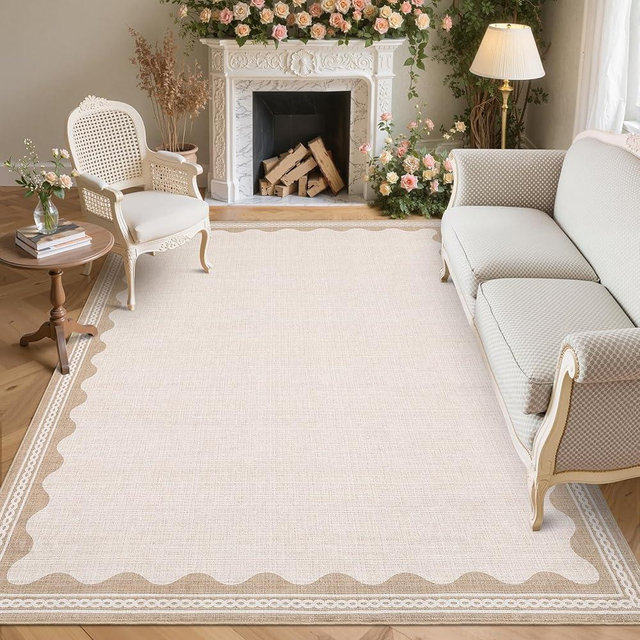 GarveeHome Scalloped Beige Washable Rugs 9x12 Rug for Living Room Non-Slip Solid Modern Minimalism 9 x 12 Rug Low-Pile Carpet for Bedroom Dining Nursery Mat with Rubber Back