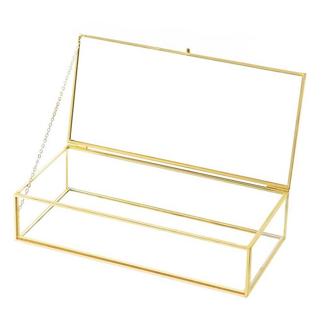 Kendiis Glass Jewelry Box, Vintage Rectangle Gold Keepsake Box Organizer Box Vanity Lidded Box Home Decor Accent Decorative Box for Storage Trinket Rings Bracelet