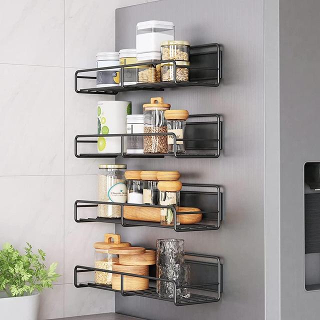 COVAODQ 4 Pack Magnetic Spice Rack Organizer With 4 Hooks Space Saver for Refrigerator and Microwave Oven Spice Magnet Shelf Black