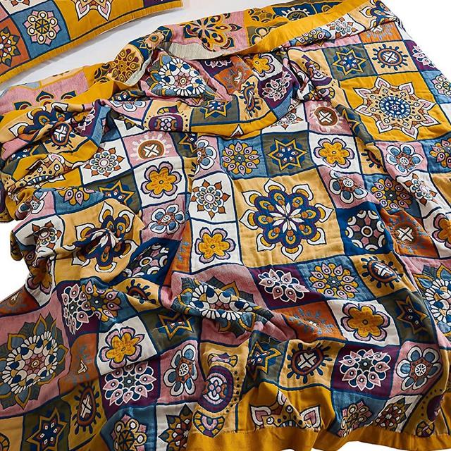 MEJU Boho Floral Check Plaid Muslin All Season for Bed Sofa Couch, 100% Combed Cotton 4 Layer Soft Warm Quick Dry Throw Blanket Bed Coverlet Sheet (Boho Flower 2, F/Q 78" X 90")