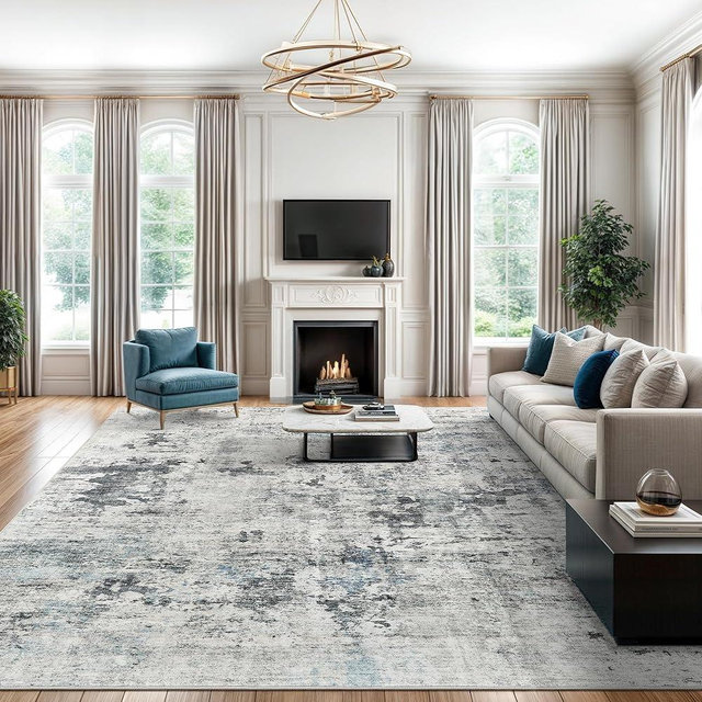 Soalmost Abstract Rug 8x10 Large Living Room Rugs Neutral Modern Washable Area Rugs for Bedroom Dining Room Non-Slip Stain Resistant Foldable Thin Rug Gray Blue