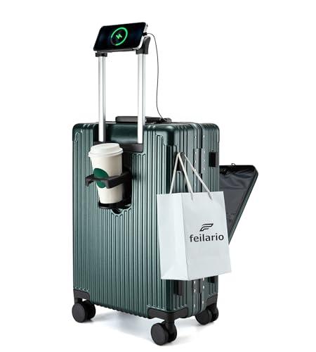 feilario 20in Aluminium Frame PC Hard Shell Spinner Wheels Luggage, Built-In TSA lock Carry on Suitcase, with Cup Holder, USB Port, Phone Holder