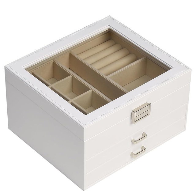 BOOVO Clear Lid Jewelry Box,3 Layers Jewelry Organizer Large Multi-Functional Jewelry Storage Box with 2 Drawers,Jewelry Display Case of Rings Earrings Necklace Bracelets for Women Girls (White)