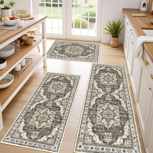 Tritard Non Slip Kitchen Rugs Sets of 3 Washable Kitchen Rug Boho Kitchen Mats for Floor Soft Kitchen Runner Rug Non Skid Kitchen Floor Carpet for Entryway Hallway Laundry Room,Beige Brown