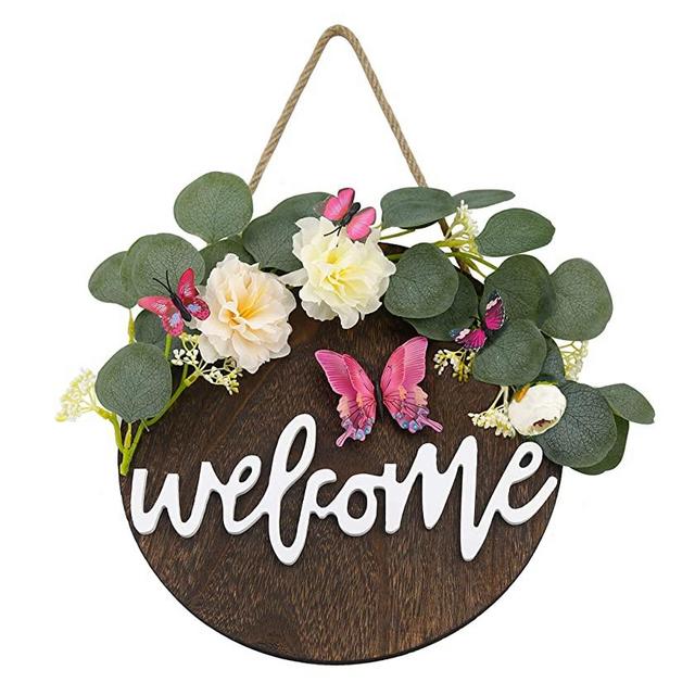 Welcome Sign for Front Door, Artificial Peony Eucalyptus Wreath, Front Door Decor, Country Farmhouse Porch Outdoor Hanging Decoration(Butterfly Style)